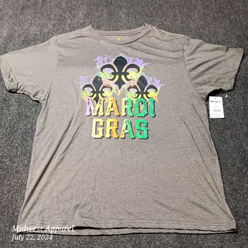 NWT Mardi Gras Shirt Adult Large Gray Graphic‎ Print Crew Neck T